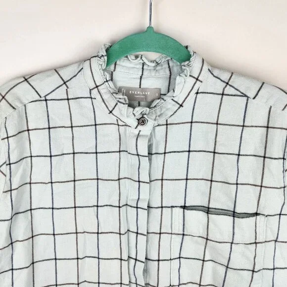 Everlane Windowpane Ruffle Neck Boxy Flannel Button Up Shirt Mint Blue sz S - Picture 3 of 10